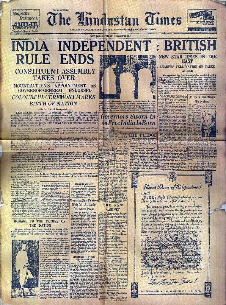 India independent British Ends The Times Of India Newspaper 15 August 1947