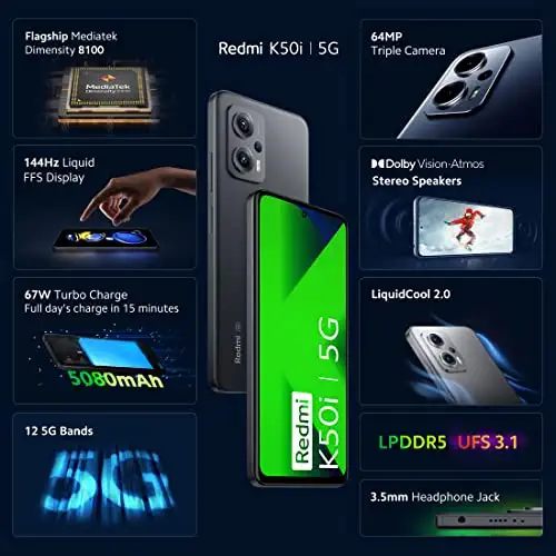 Redmi K50i 5G: Mediatek Dimensity 8100 Chip, 5080mAh Battery, 6.6 inches Full HD+ 144Hz Refresh Rate Display, Stereo Speakers